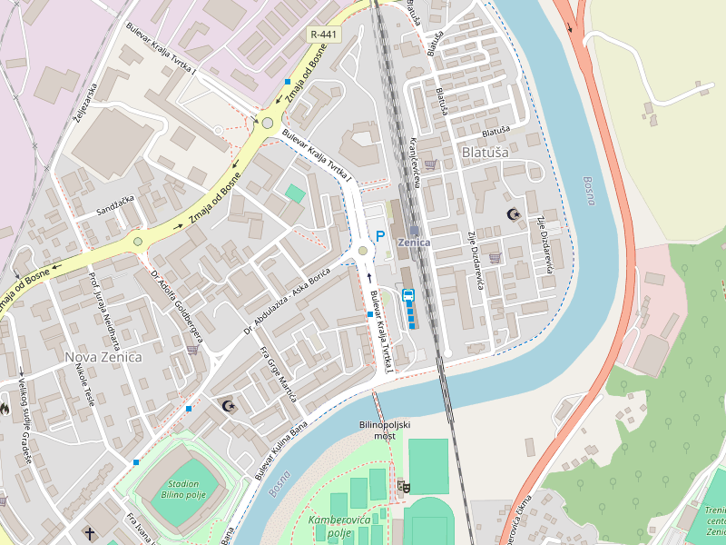Mapa centra Zenice s oznakom lokacije na Bulevaru Kralja Tvrtka I, kod željezničke stanice