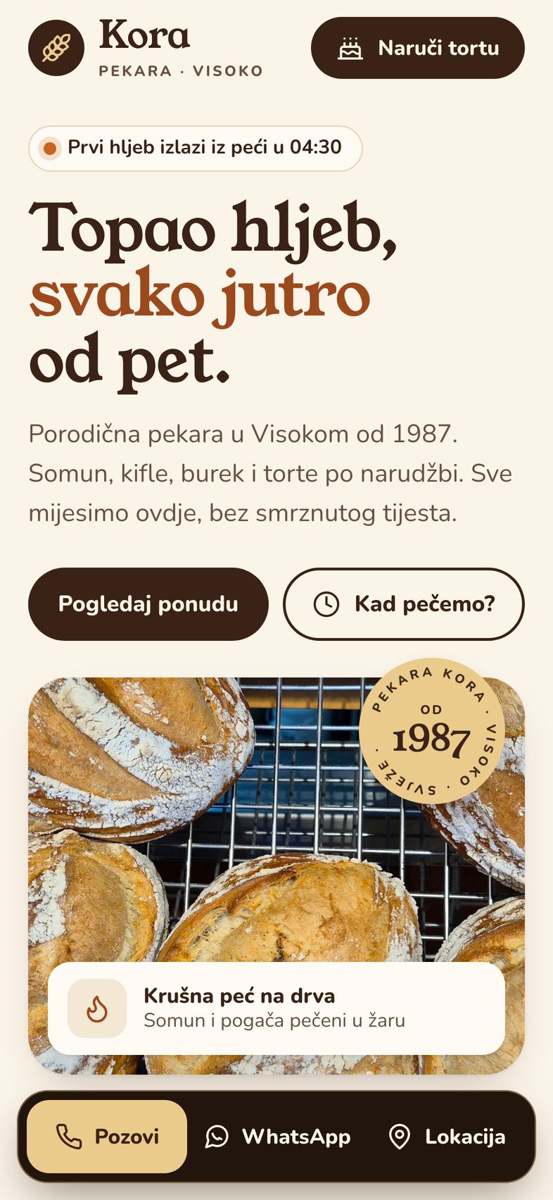 Nova stranica pekare na mobitelu: veliki naslov, fotografija hljeba i dugmad za poziv