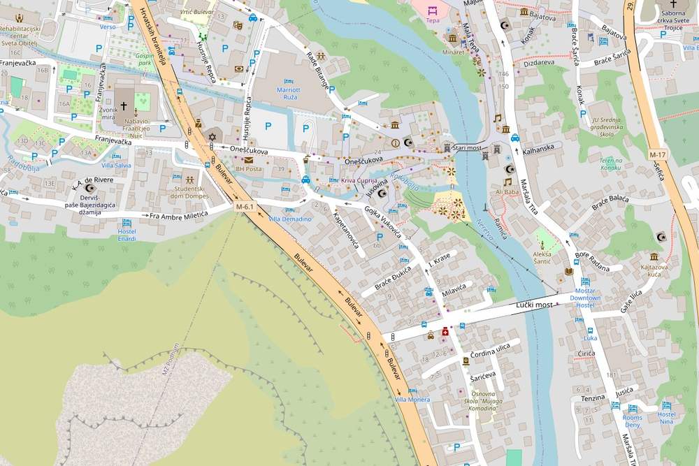 Mapa Starog grada u Mostaru s oznakom restorana Žalfija u Onešćukovoj ulici, blizu Starog mosta